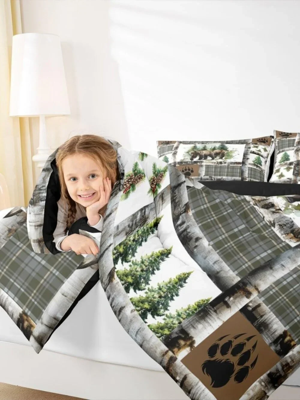 Rustic Bear Bedding Set Hunting Theme Comforter Set for Kids Boys Girls Bear Paw